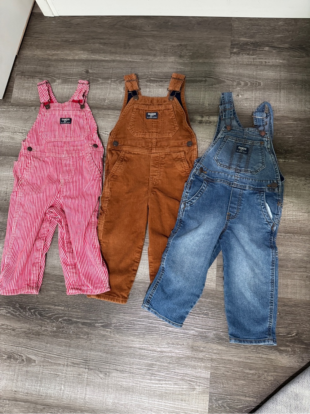 OshKosh B'gosh Pink Stripe, Brown Corduroy & Blue Denim Overalls Trio